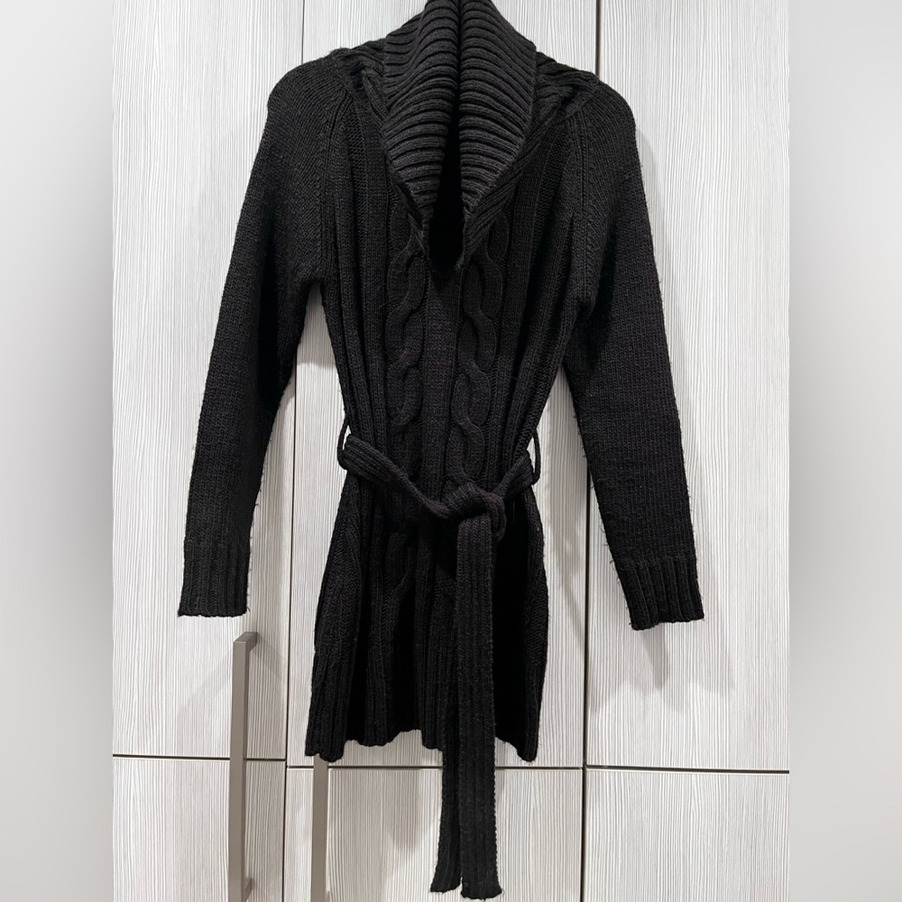 Colombian Cable Knit Belted Chunky Tunic‎ Sweater Cowl Neck Brown Wool Medium